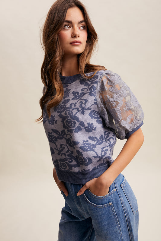Floral Lace Puff Sleeve Sweater Top- Denim Blue