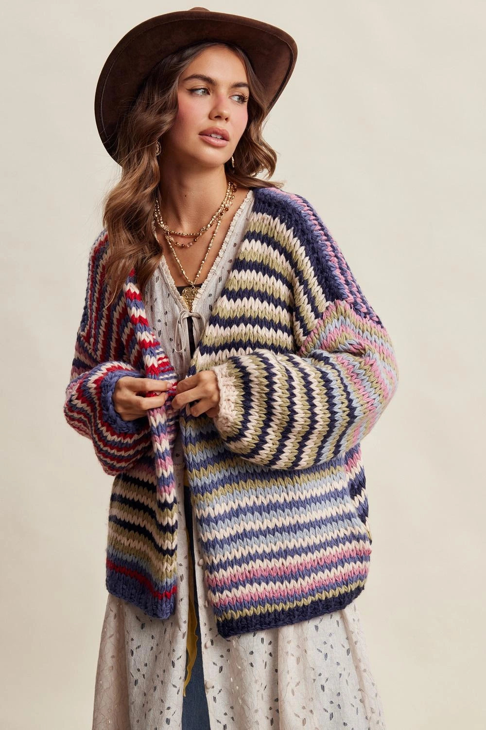 Chunky Multi Stripe Knit Cardigan - Navy Multi