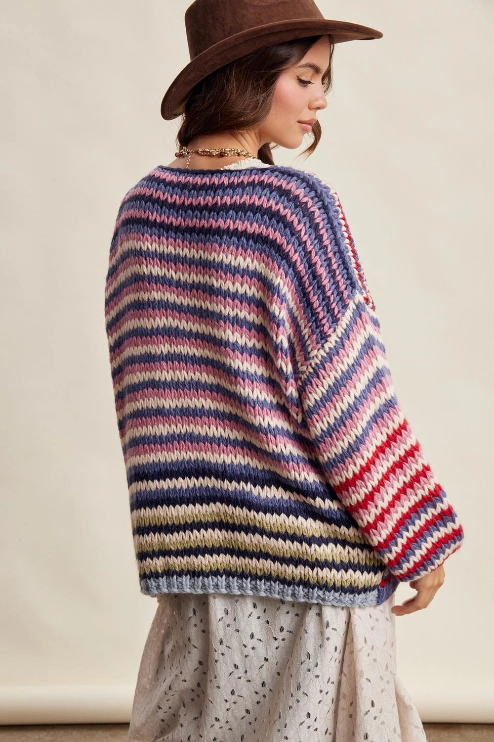 Chunky Multi Stripe Knit Cardigan - Navy Multi