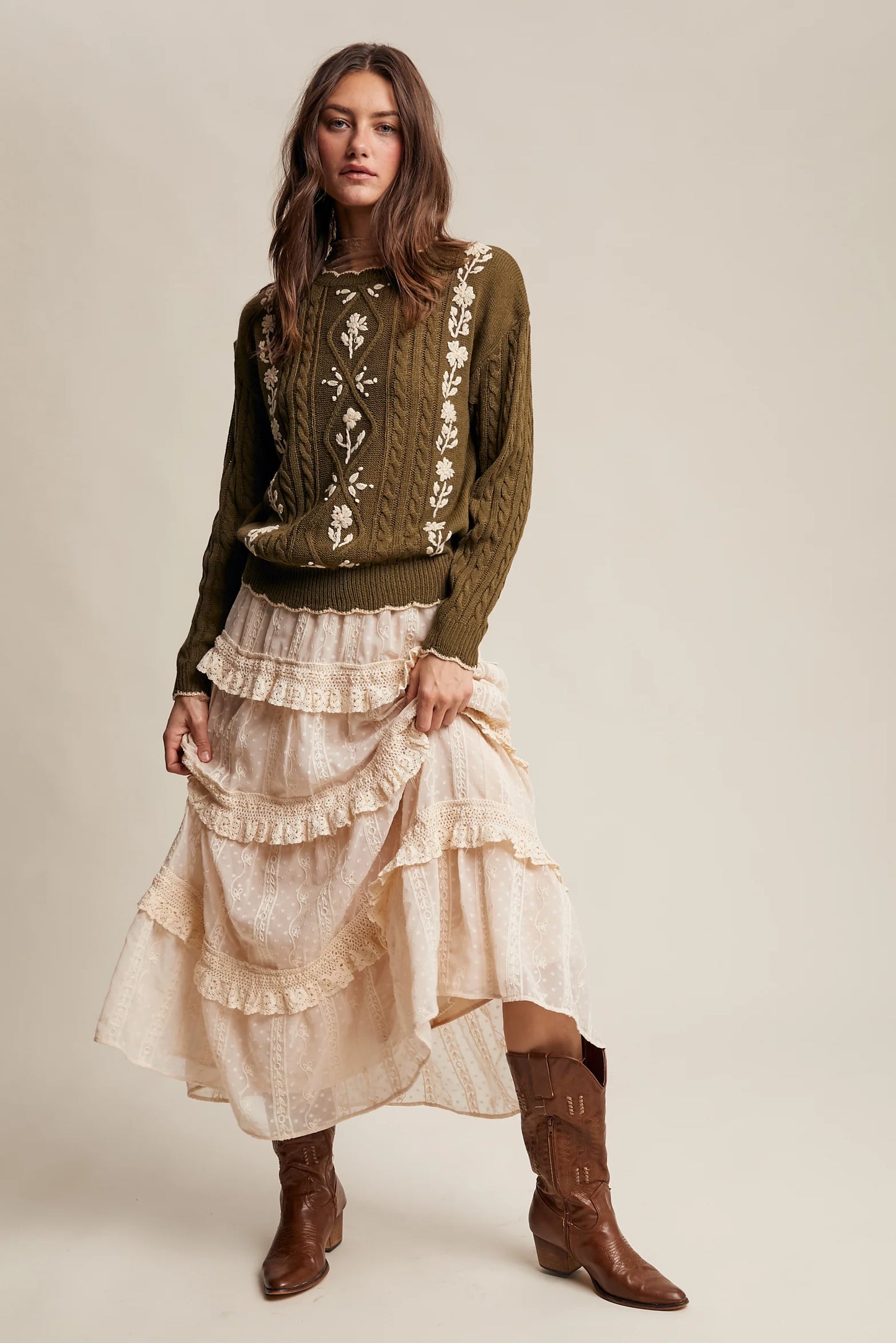 Floral Embroidered Sweater - Olive