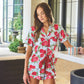 Short Sleeve Top + Square Short PJ Set with Velvet Tie - Blue Gingham + Red Roses