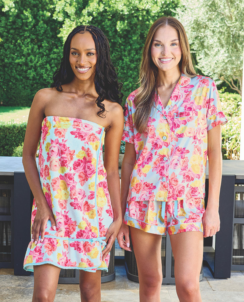 Short Sleeve Top + Square Short PJ Set with Velvet Tie - Blue + Rose Floral