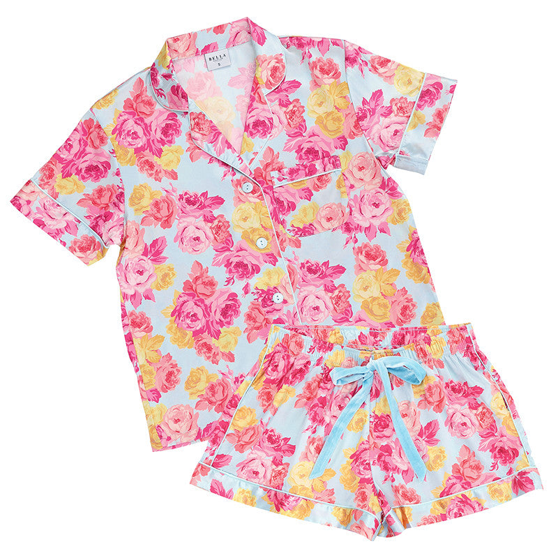 Short Sleeve Top + Square Short PJ Set with Velvet Tie - Blue + Rose Floral