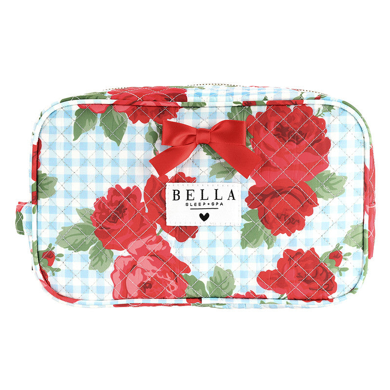 Quilted Cosmetic Bag - Blue Gingham + Red Roses