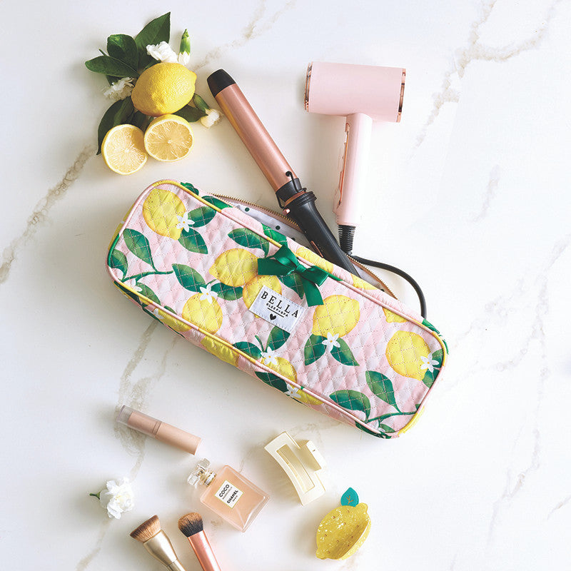 Quilted Hair Tool Bag - Pink Stripes + Lemons