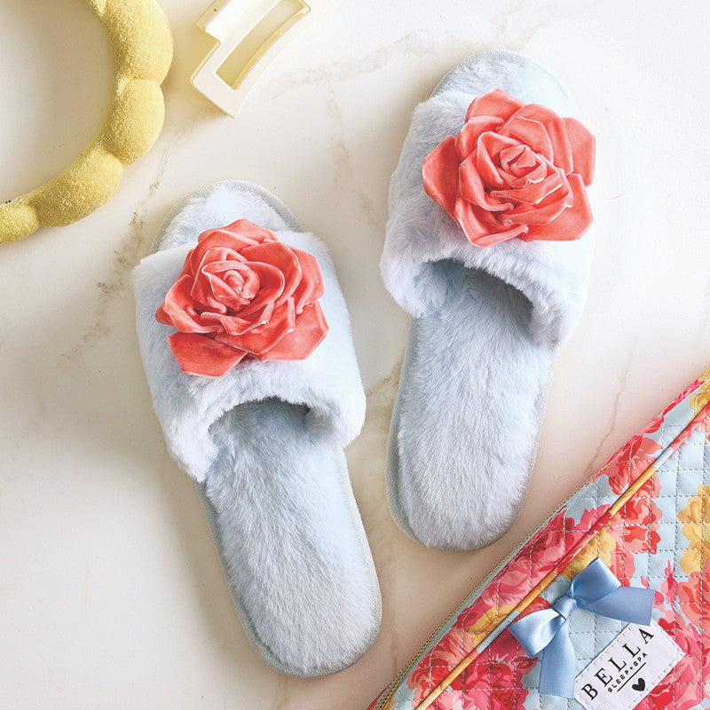 Plush Velvet Rosette Slippers - Blue + Coral Velvet Rosette