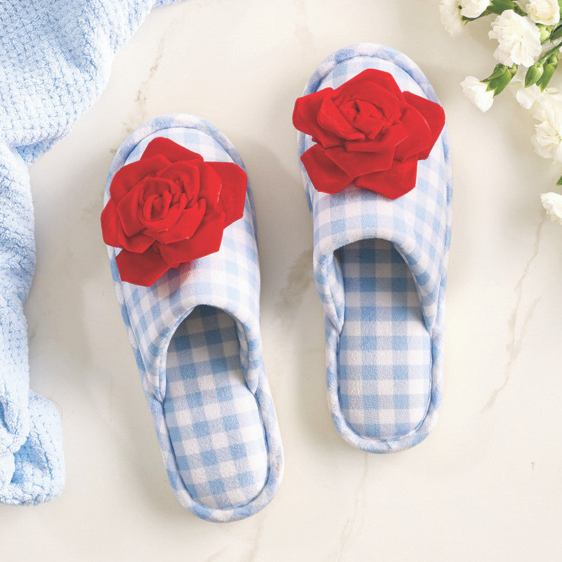 Plush Velvet Rosette Slippers - Blue Gingham + Red Velvet Rosette