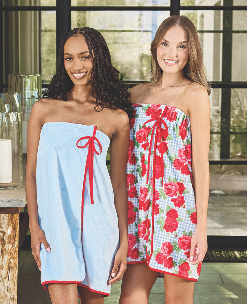 Spa Wrap - Blue Gingham + Red Roses with Red Droopy Bow