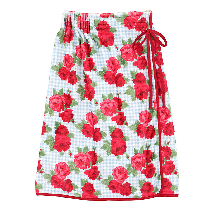 Spa Wrap - Blue Gingham + Red Roses with Red Droopy Bow