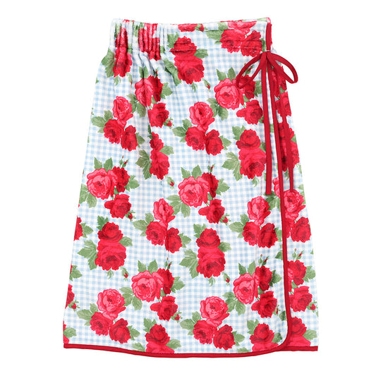 Spa Wrap - Blue Gingham + Red Roses with Red Droopy Bow