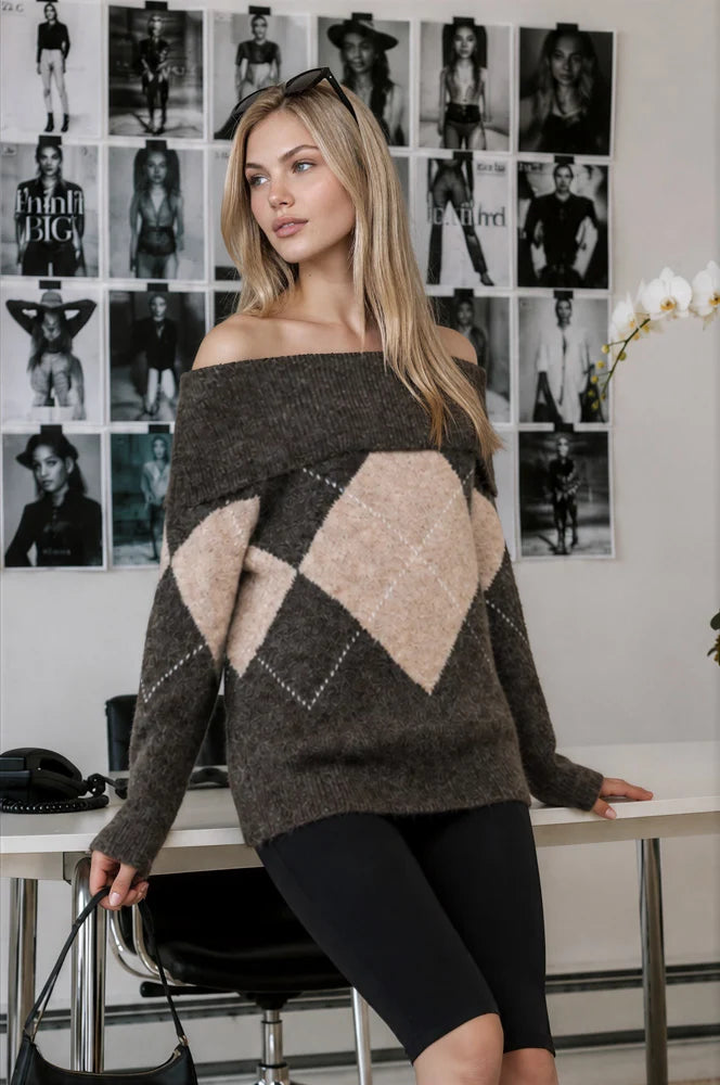 Argyle Fold Over Sweater - Brown