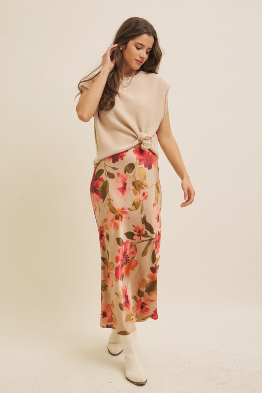 Floral Printed Satin Bias Cut Maxi Skirt - taupe Multi