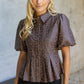 Leopard Print Leather Pleated Peplum Top - Brown
