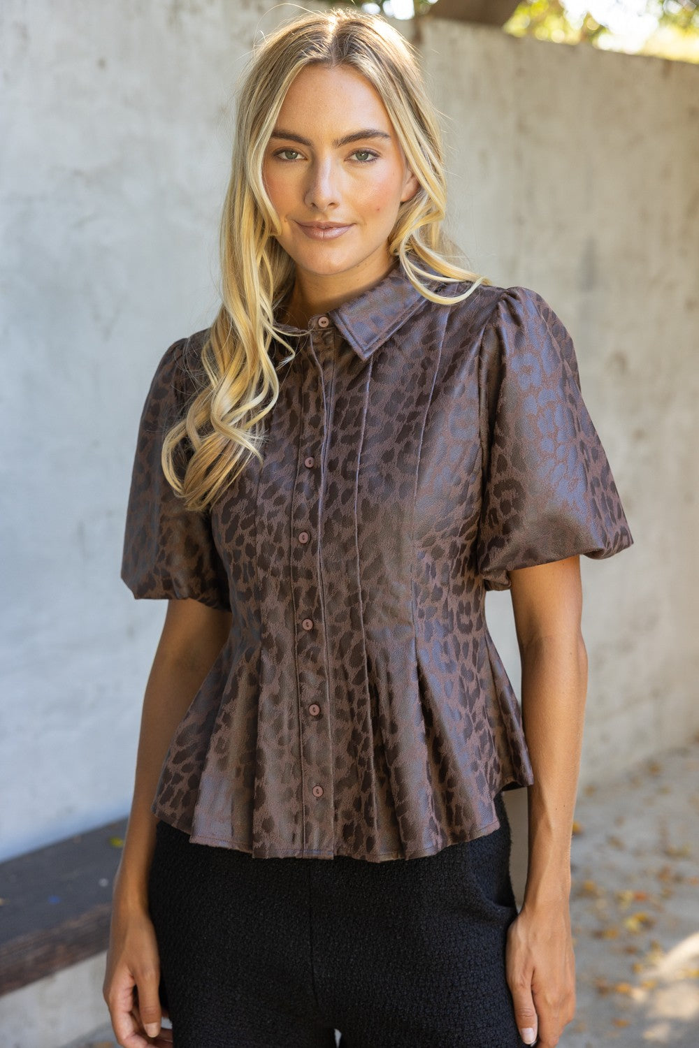 Leopard Print Leather Pleated Peplum Top - Brown
