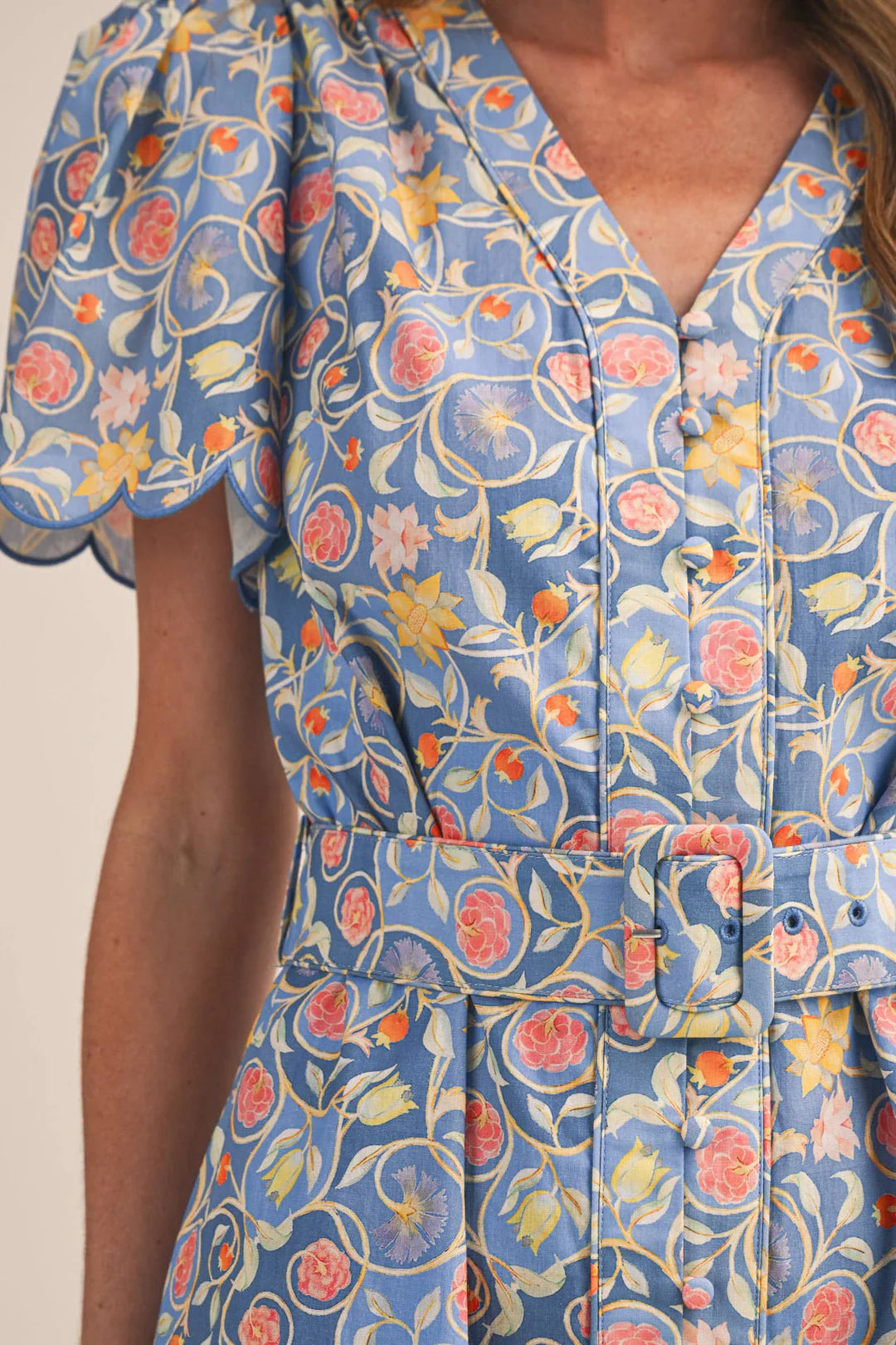 Floral Print Belted Midi Dress - Ocean Blue