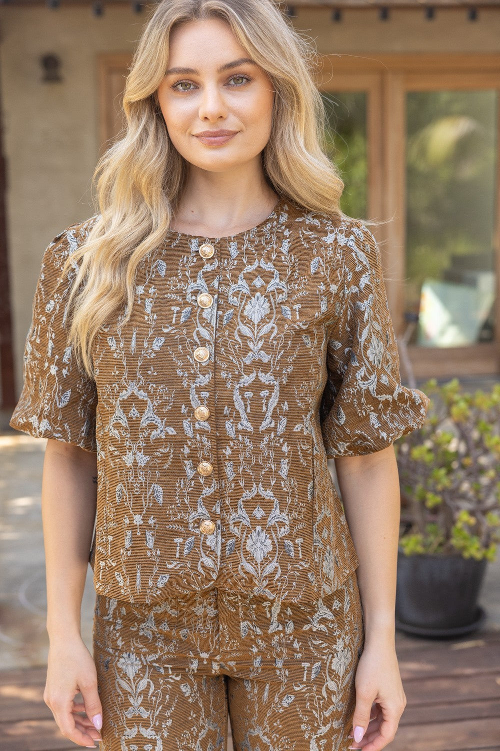 Floral Jacquard Top - Brown