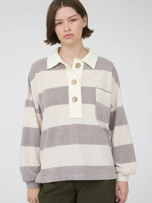 Washed Stripe Contrast Collar Long Sleeve Knit Top - Taupe