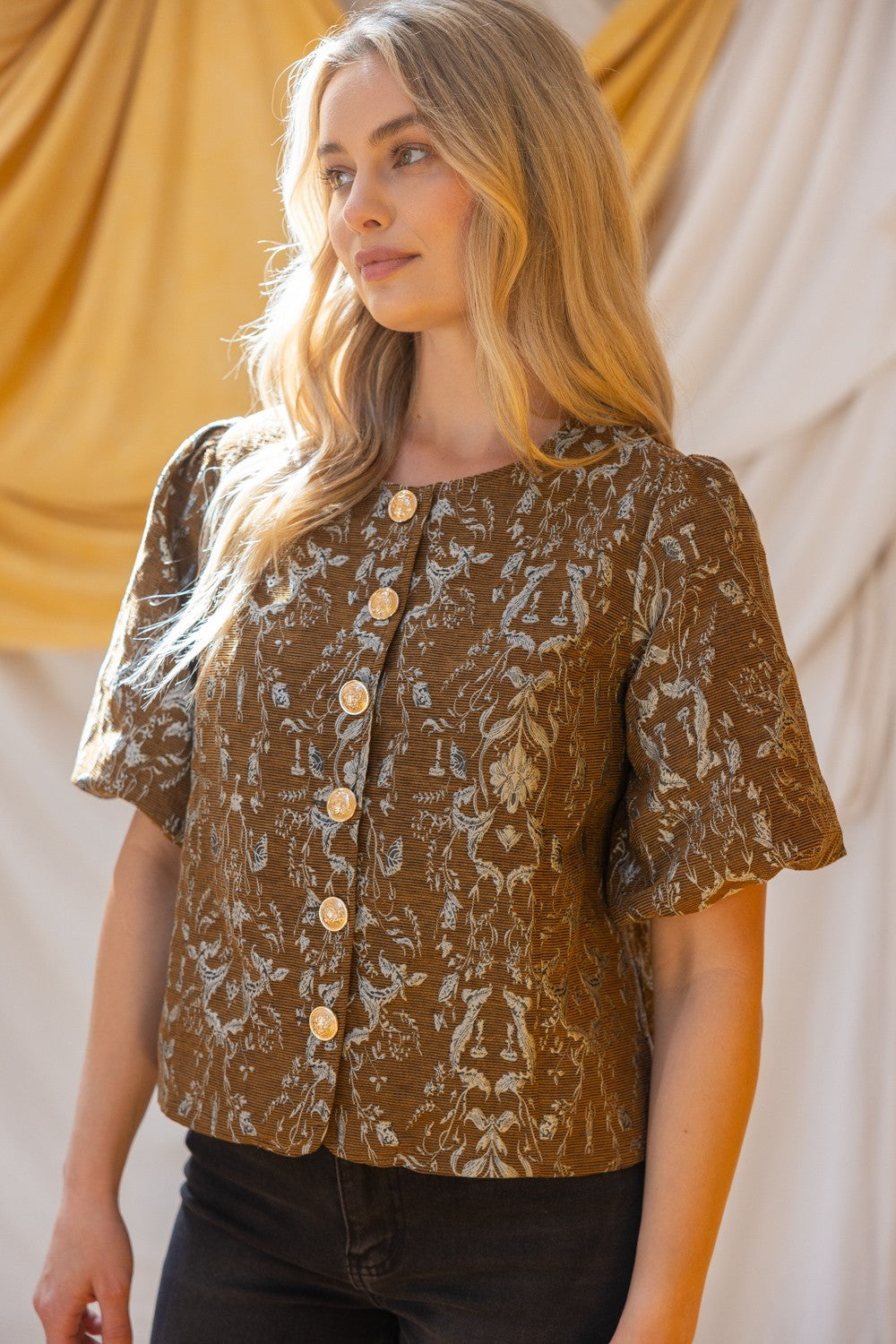 Floral Jacquard Top - Brown