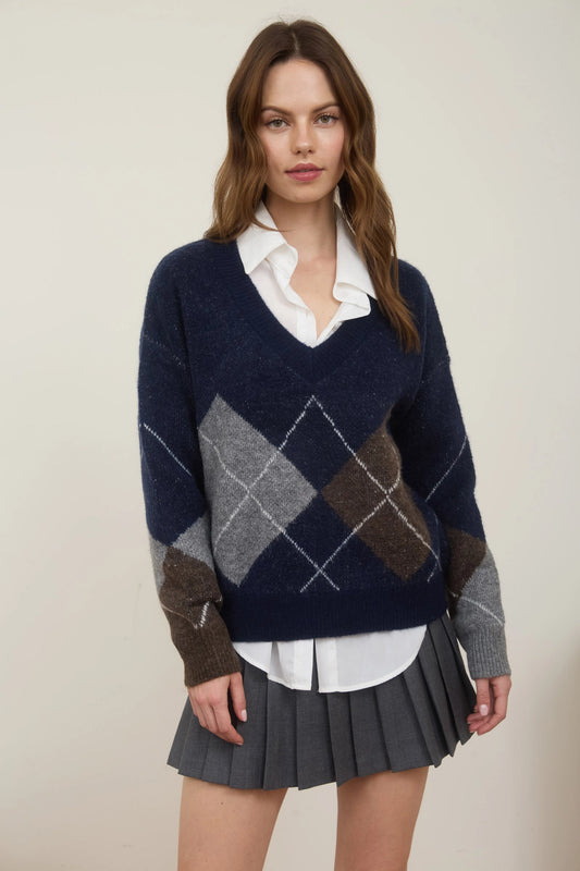 Argyle V-Neck Sweater - Navy
