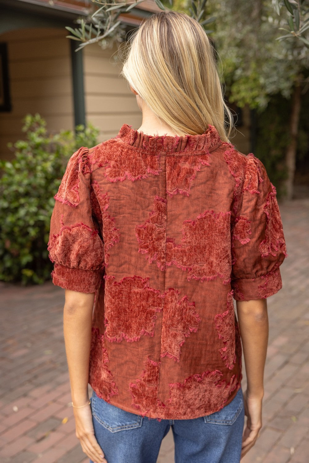 Ruffled V-neck Textured Top - Rust