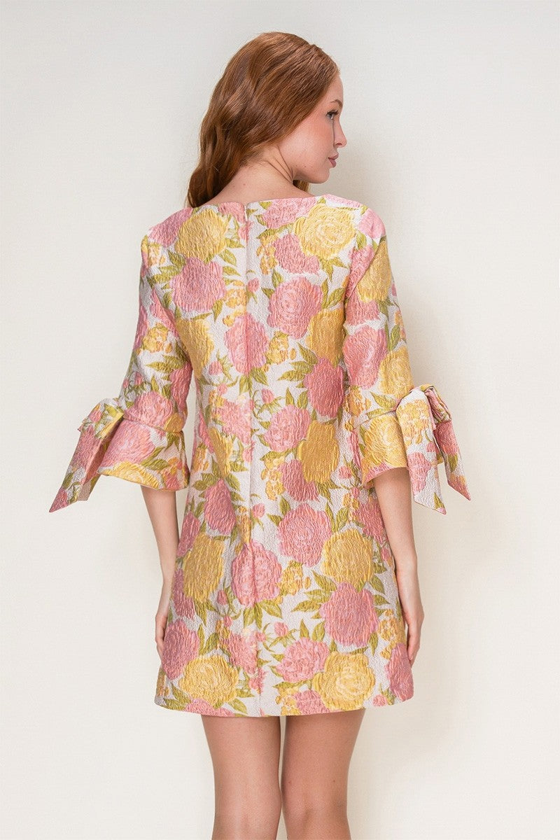 Bell Sleeve Jacquard Mini Dress-Pink/Yellow