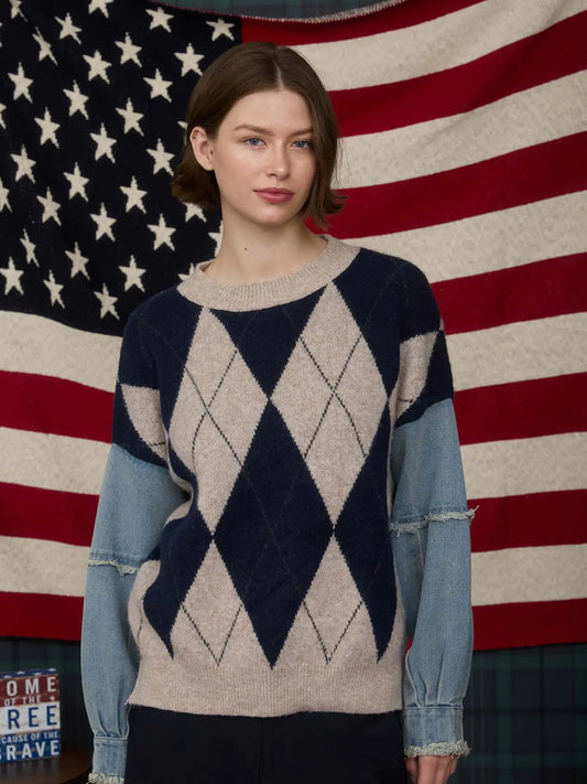 Argyle Distressed Denim Sleeve Knit Sweater - Navy Multi