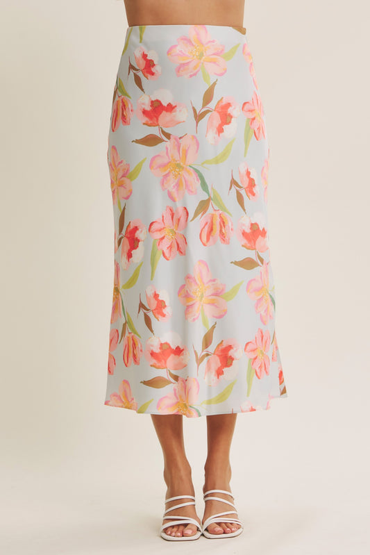 Floral Satin Midi Skirt - Lightt Blue Multi