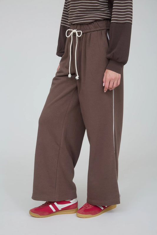 Fold Over Drawstring Waist Wide Leg Lounge Pants- Brown