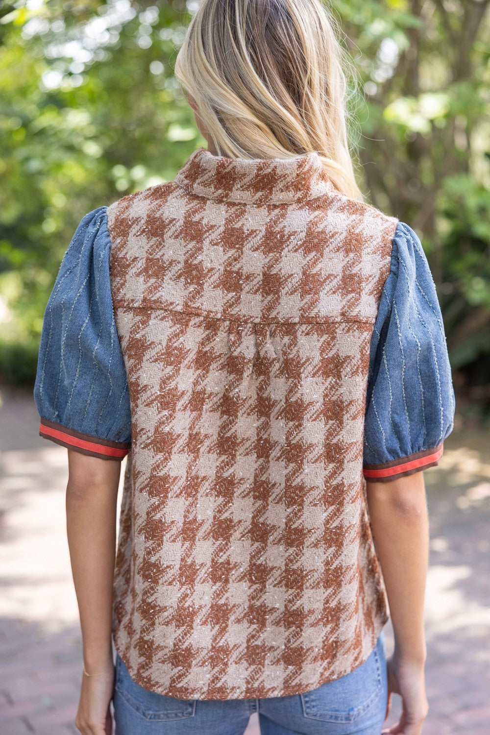 Denim Sleeve Houndstooth Tweed Top - Brown
