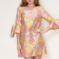 Bell Sleeve Jacquard Mini Dress-Pink/Yellow