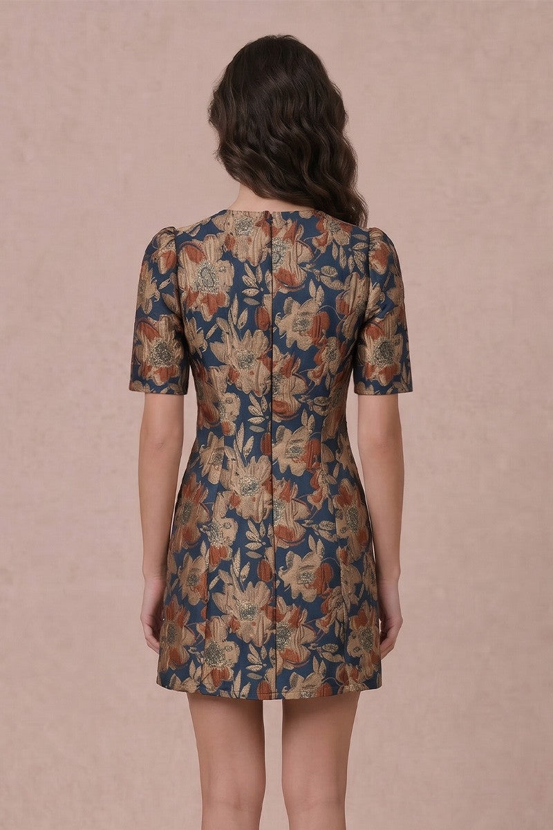 Short Puff Sleeve Jacquard Mini Dress - Teal
