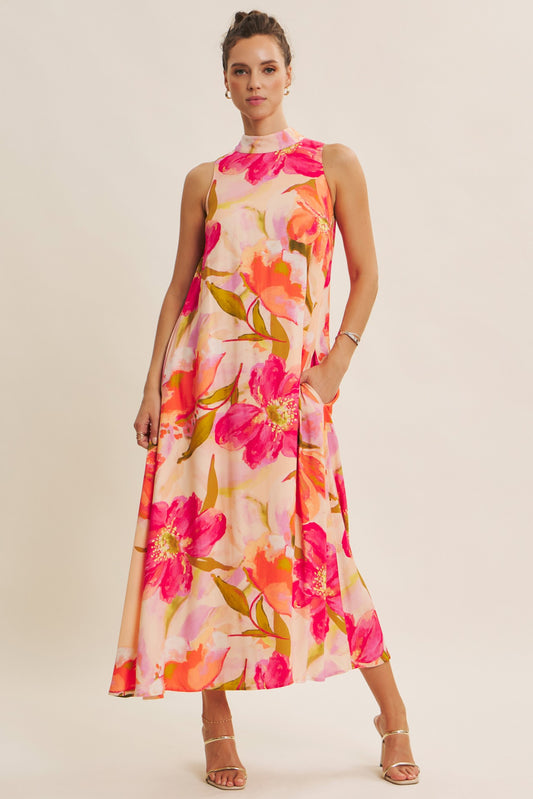 Floral Maxi Dress With Back Bow - Peach Multi
