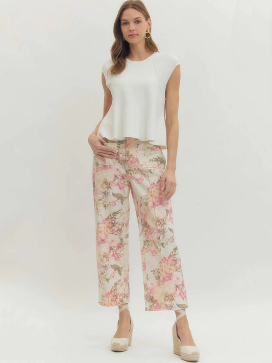 Floral Pants - Ecru/Pink