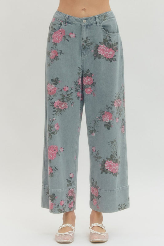Pink Floral Jeans - Denim