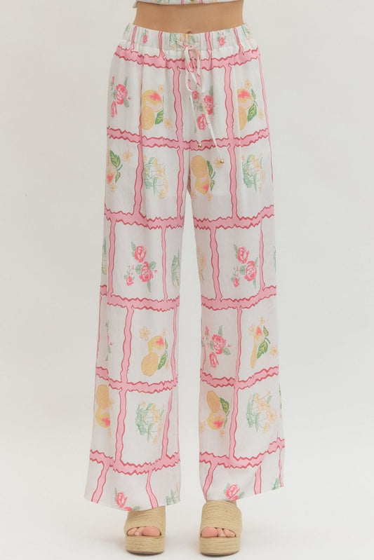 Lemon Floral Print Drawstring Pants - Pink/Off-White