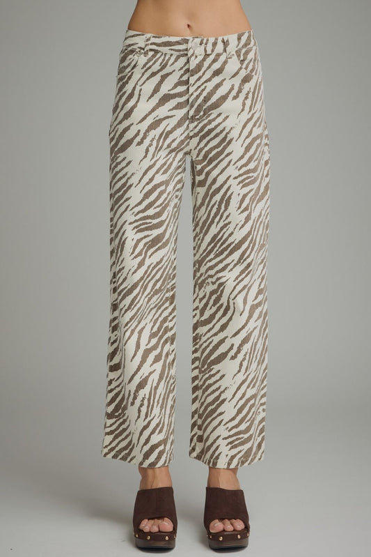Zebra Print Wide Leg Pants - Ecru
