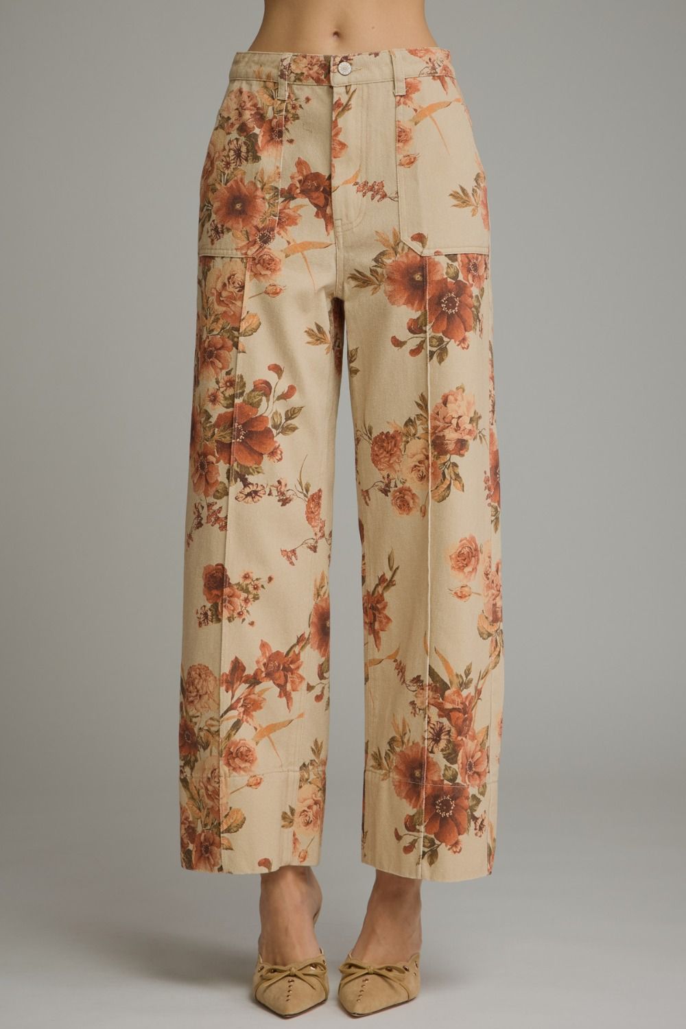 Floral Wide Leg Pants - Taupe
