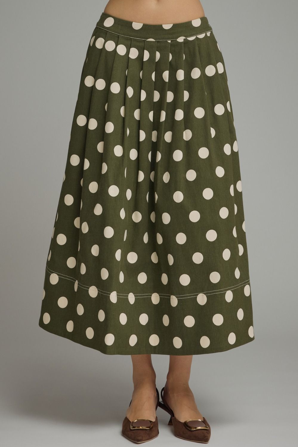 Polka Dot Pleated Skirt - Olive