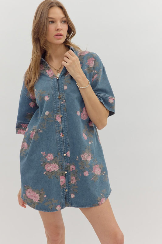 Floral Print Elbow-Length Sleeve Denim Dress