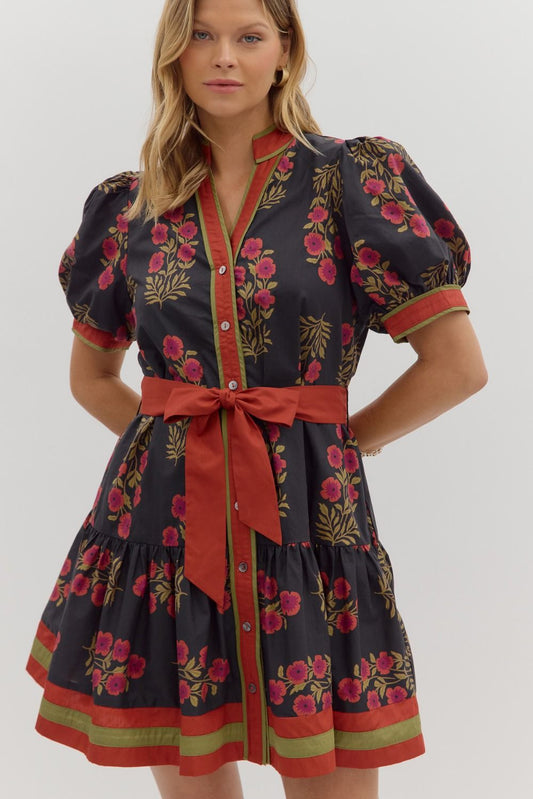 Floral Print Short Puff Sleeve Ruffle Hem Mini Dress - Black