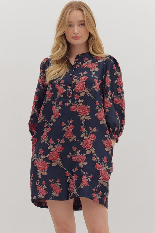 Rose Print Mini Dress - Navy