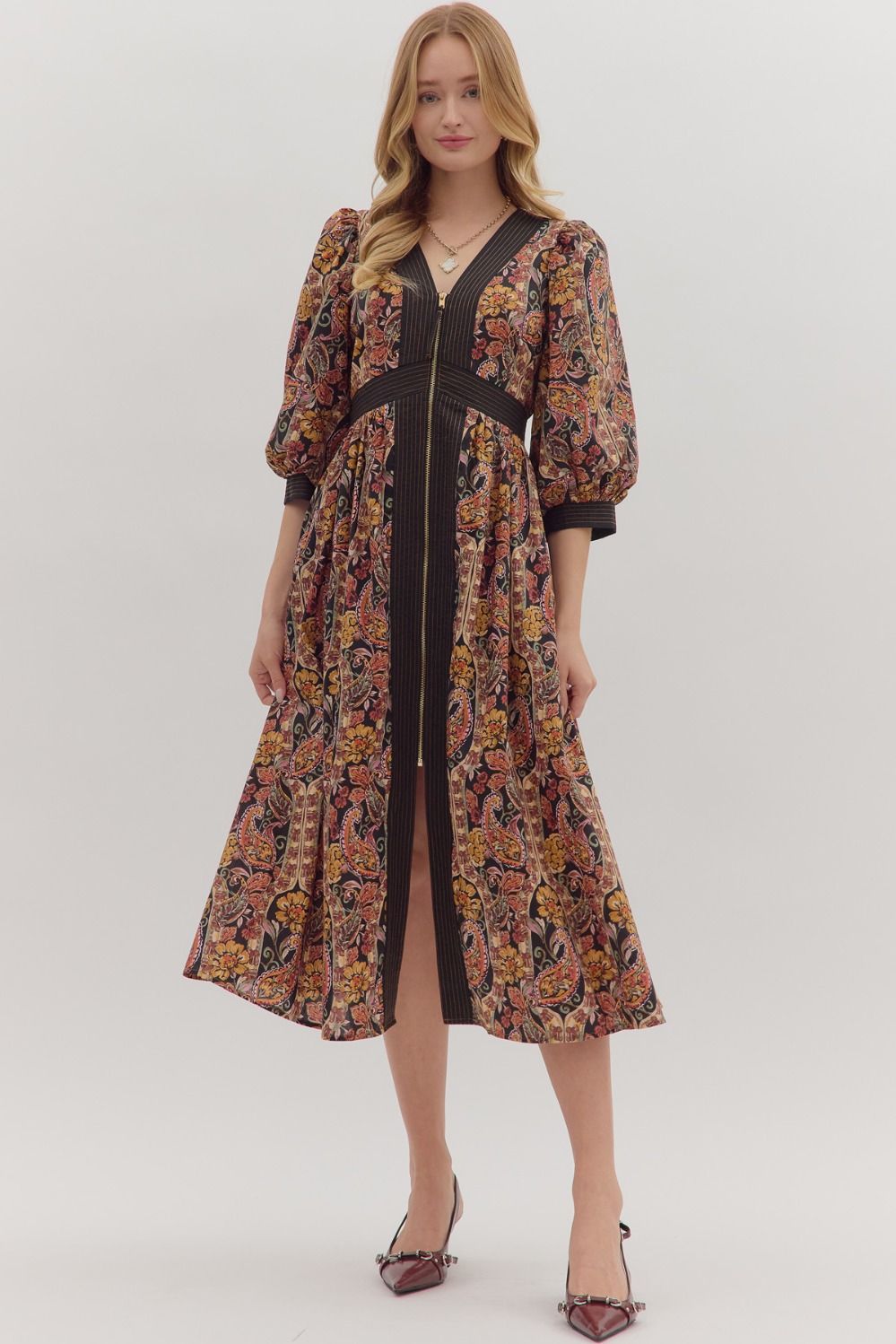 Paisley Print Puff Sleeve Midi Dress - Black