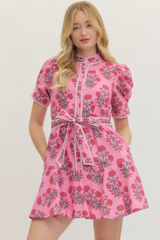 Marigold Print Belted Mini Dress - Pink
