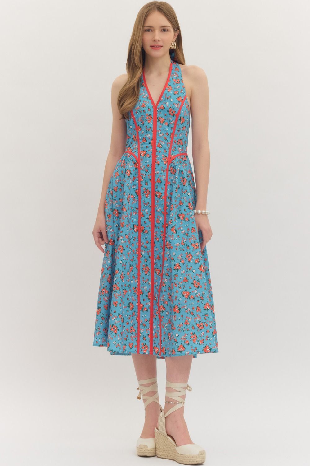 Floral Print Halter Neck Midi Dress - Blue/Red