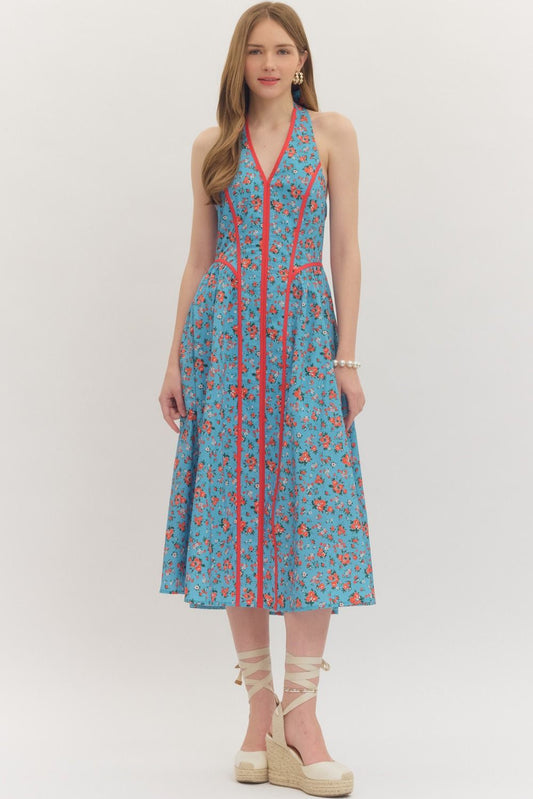 Floral Print Halter Neck Midi Dress - Blue/Red