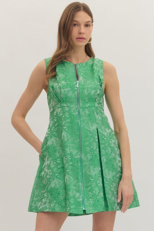 Floral Jacquard Sleeveless Mini Dress - Green
