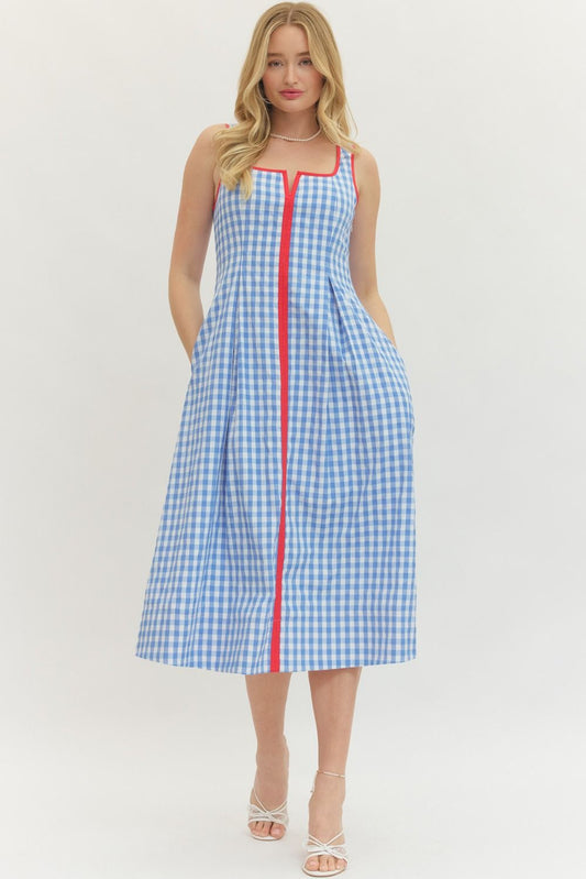 Gingham Contrast Midi Dress - Light Blue