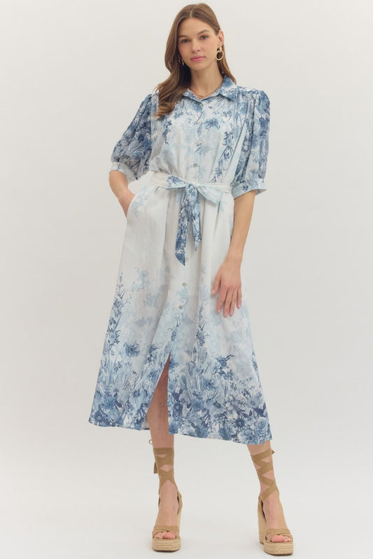 Botanical Print Midi Dress - Blue Multi