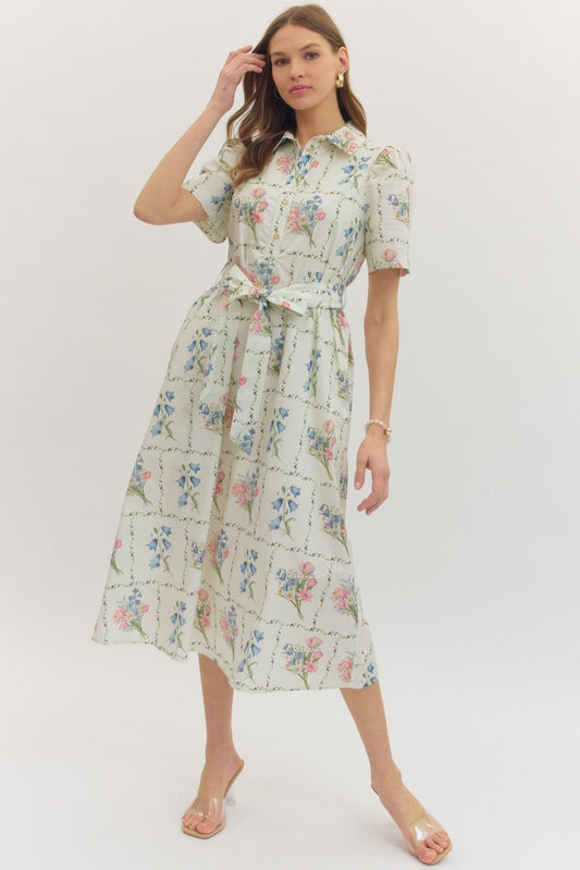 Floral Grid Print Midi Dress - Ecru