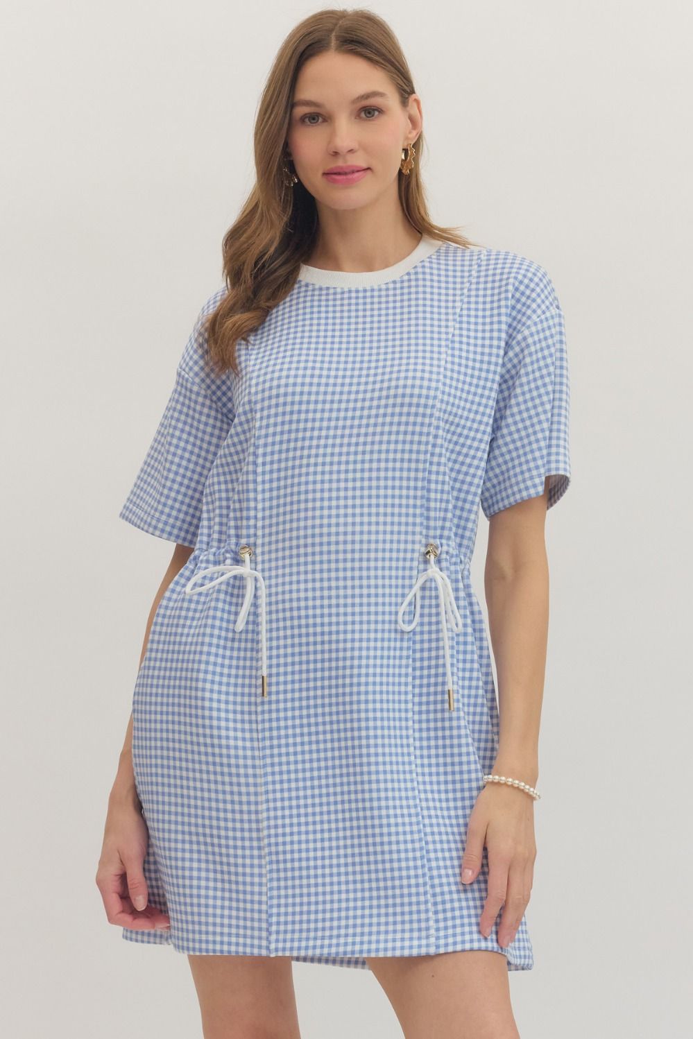 Gingham Short Sleeve Mini Dress w Drawstring - Blue